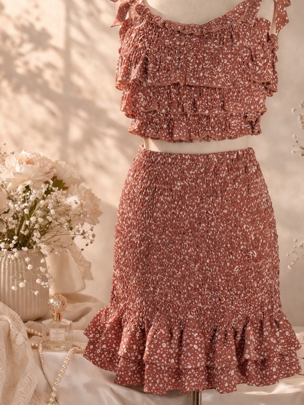Smocked Two-Piece Ruffle Dress Set - Rust Speckle